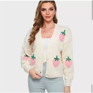 Luna Ivy Cream Pink Strawberry Fruit Novelty Cardigan Crochet Sweater Quirky L